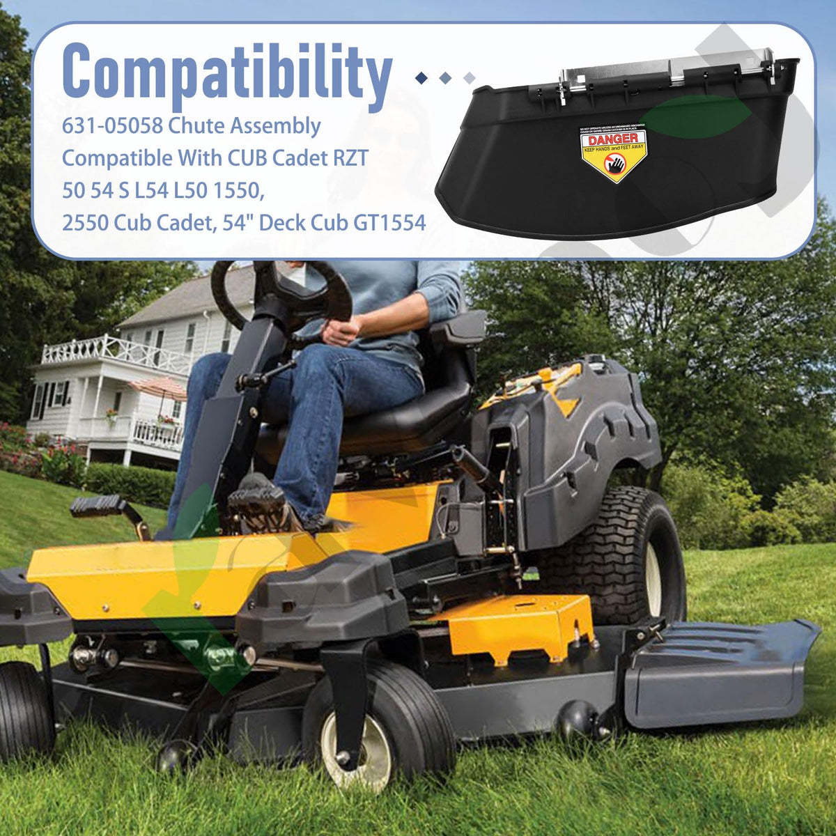 Braveboy chute assembly for Cub Cadet RZT 54 deck compatibility and clean discharge.