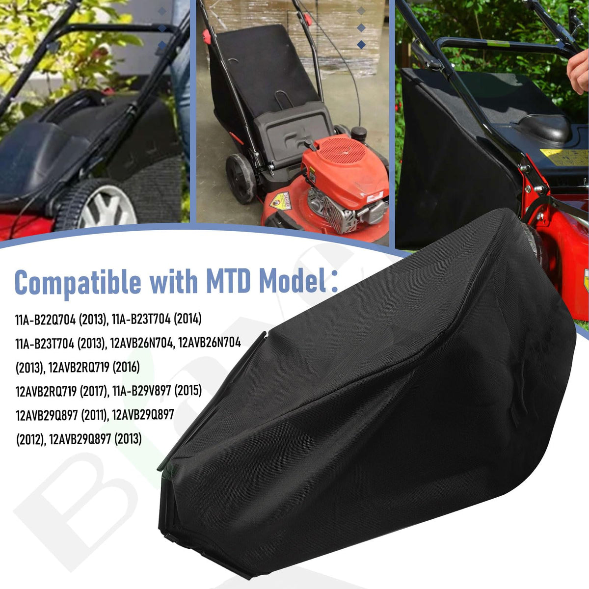 Braveboy grass bag showing compatibility with MTD and Troy-Bilt 21 inch mowers