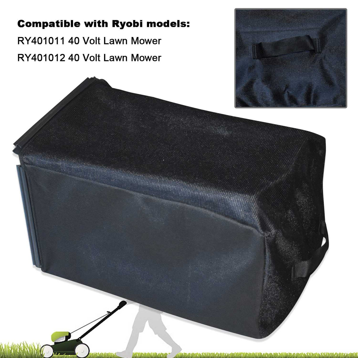 Braveboy grass catcher mower bag side view showing compatibility with Ryobi 40V models
