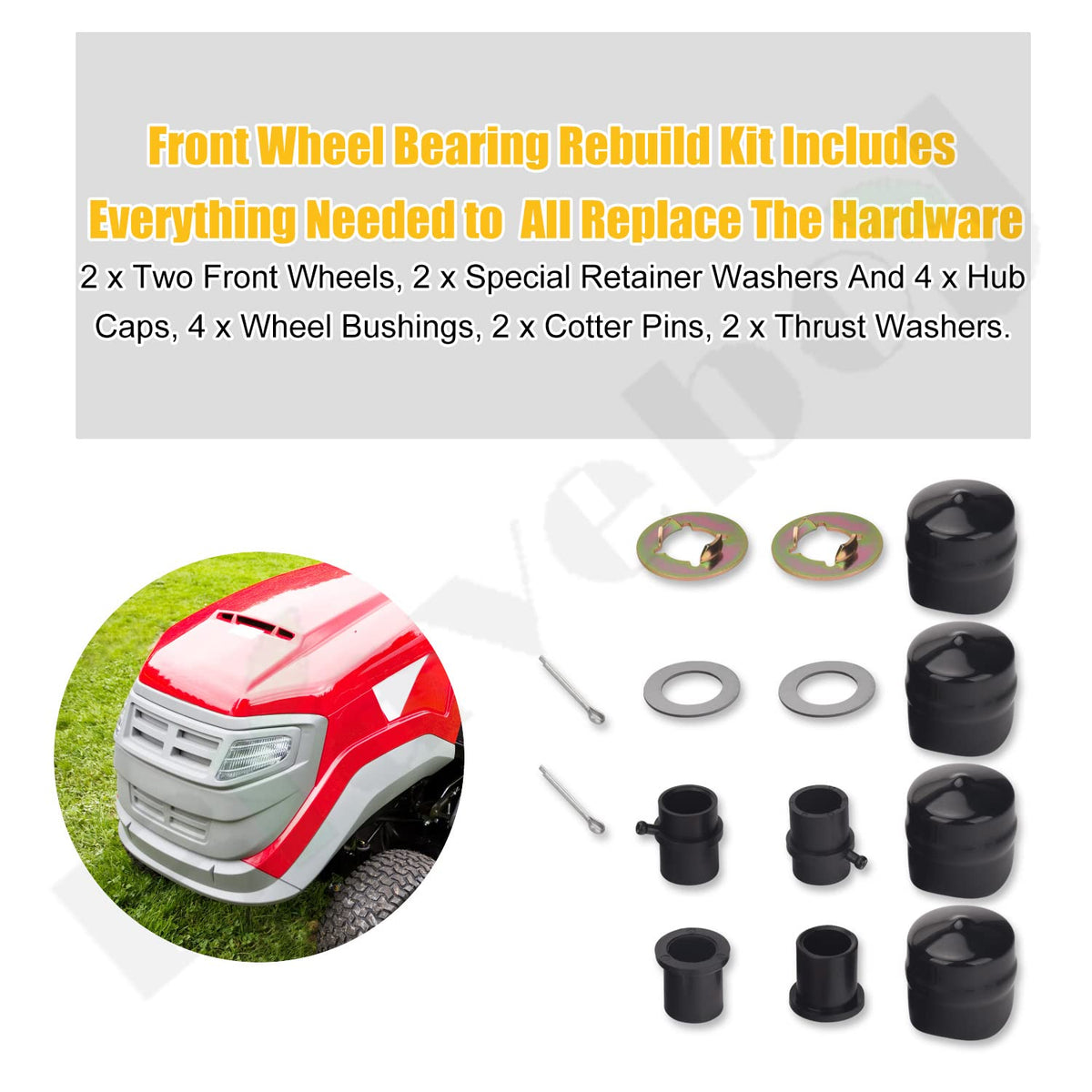 Braveboy packaged replacement kit front wheels ready for Craftsman and Cub Cadet use.
