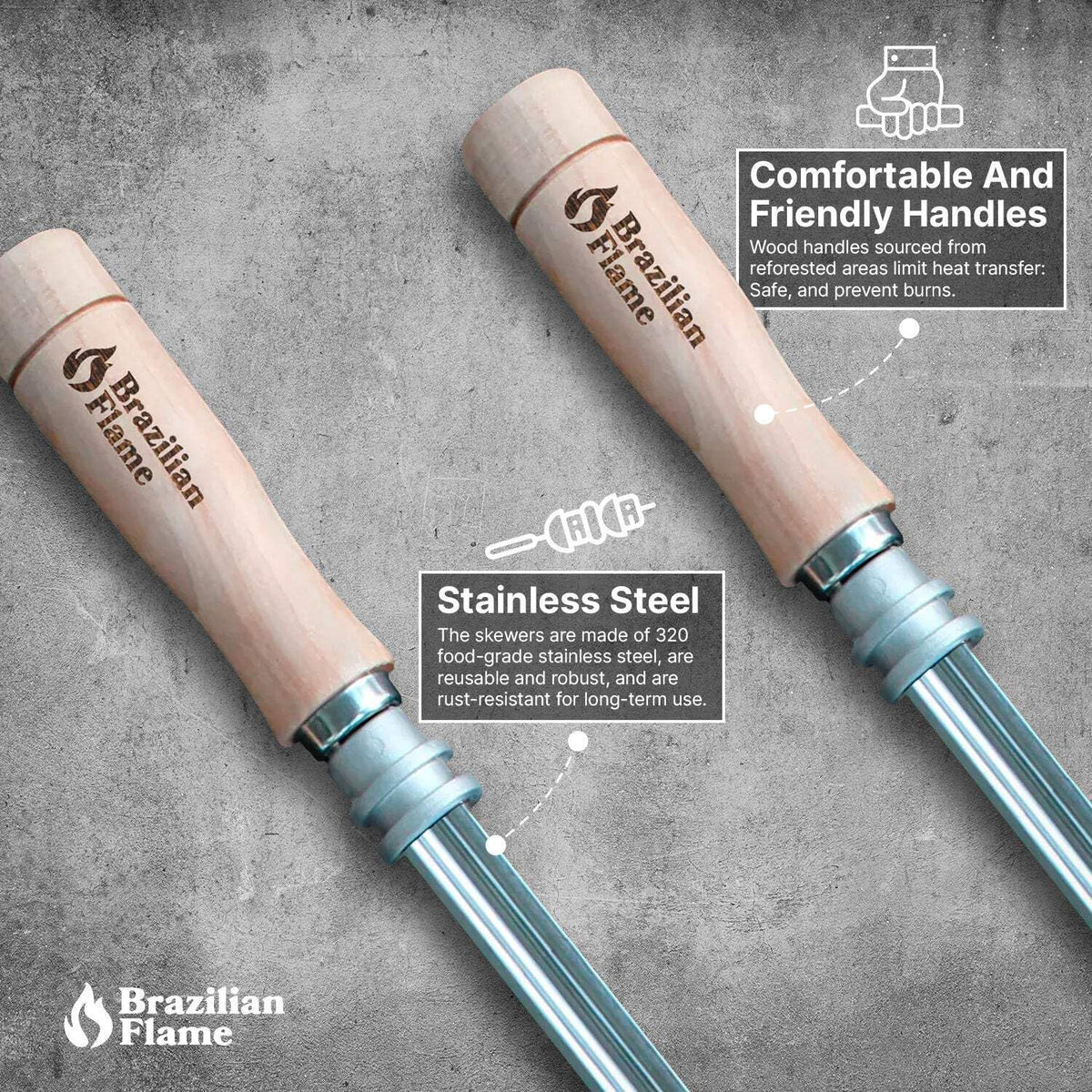Brazilian Flame easy-clean skewers for quick post-cook cleanup