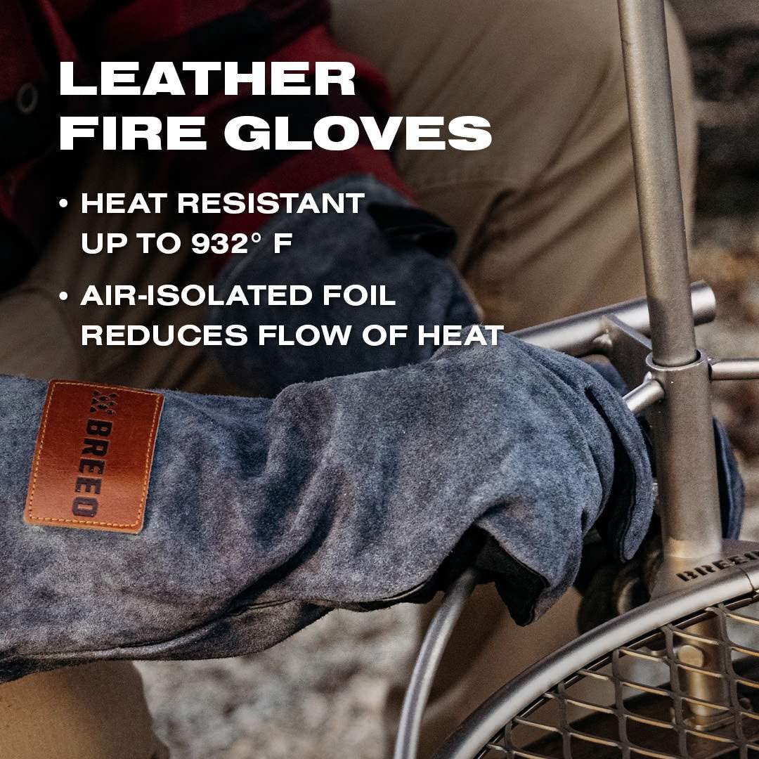 Breeo Fire Pit Gloves on hand showing one-size-fit design for dexterity.