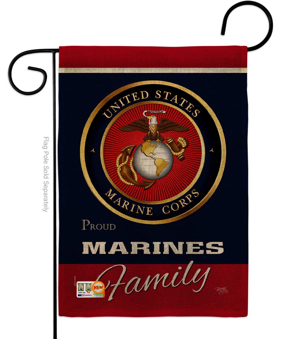 Breeze Decor Marines Proudly Family Burlap flag, double-sided readability for outdoor display.