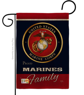 Breeze Decor Marines Proudly Family Burlap flag, double-sided readability for outdoor display.