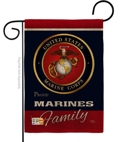 Breeze Decor Marines Proudly Family Burlap flag, double-sided readability for outdoor display.