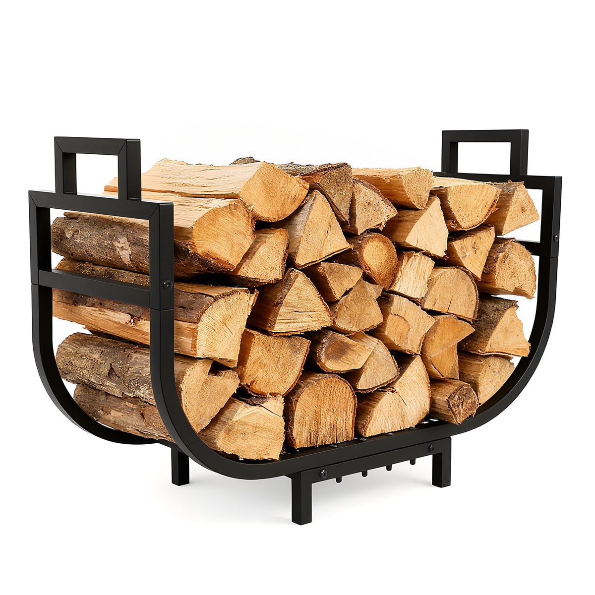 Breeze Touch firewood rack front view shows sturdy rustproof construction for indoors and outdoors