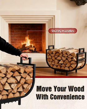 Breeze Touch firewood rack side view highlights space-saving curved silhouette