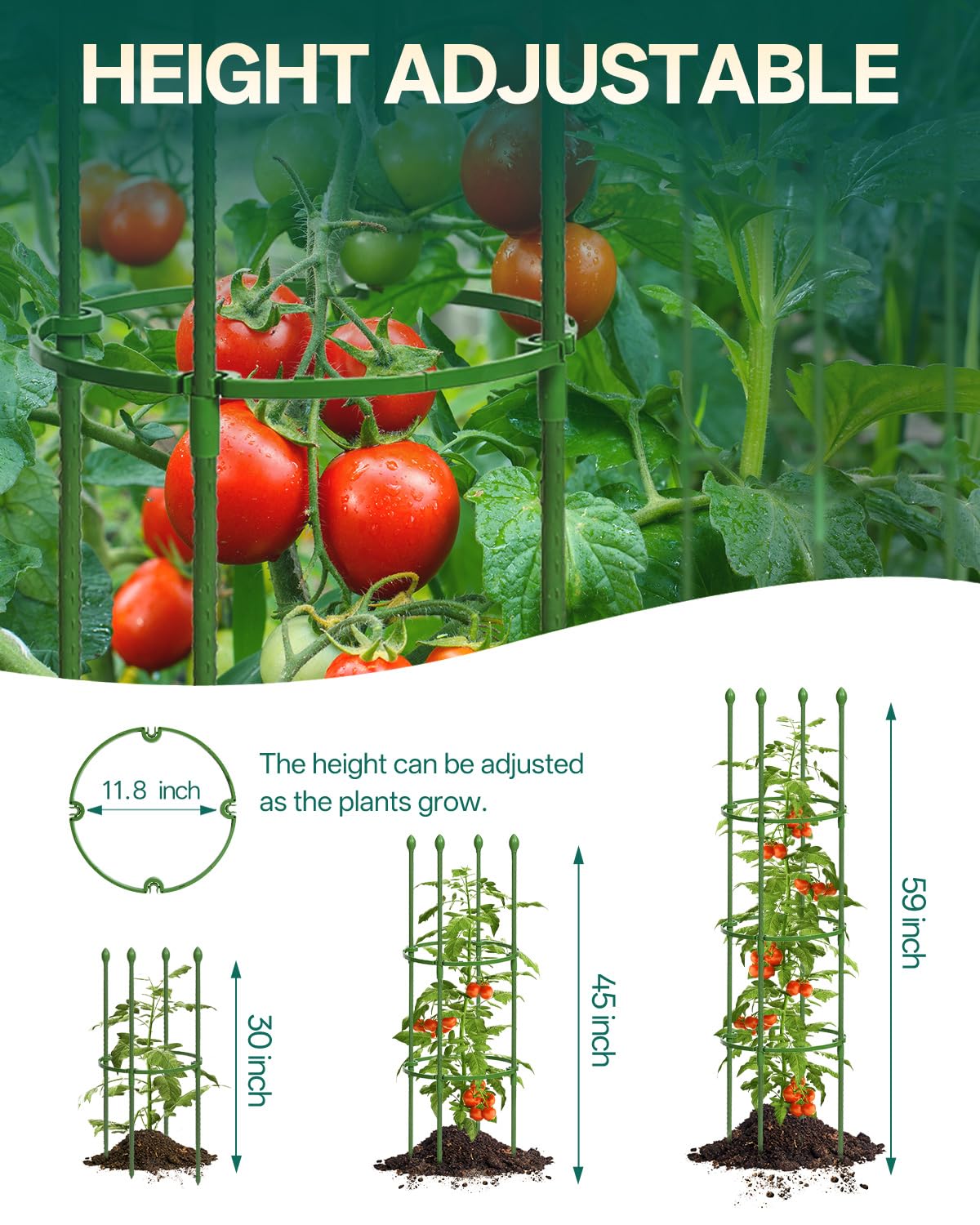 Breeze Touch adjustable-height trellis 59-inch supports tall vegetables with flexible growth stages.