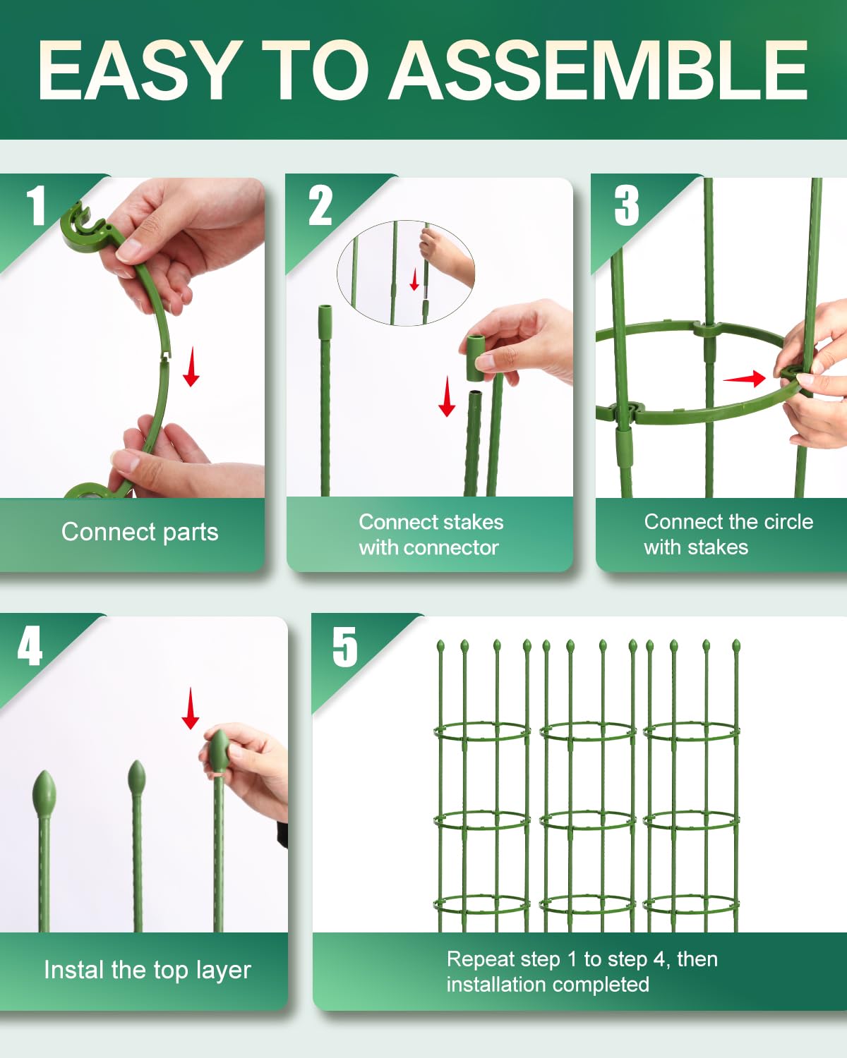 Breeze Touch easy-install tomato cage for pots with tool-free assembly.