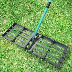 Breeze Touch lawn leveling rake with a 48-inch head smoothing turf