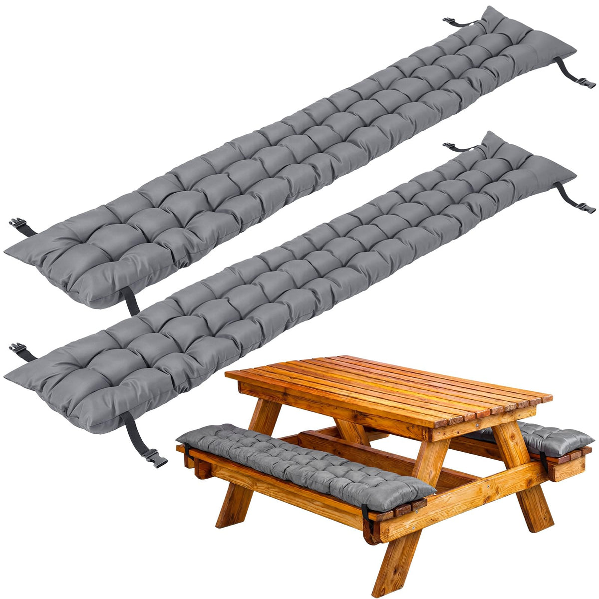 BreezeHug 2pc picnic bench cushions, 6ft dark gray, durable outdoor comfort for standard benches.