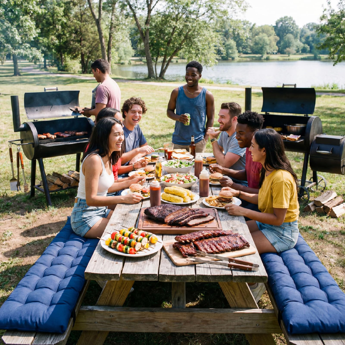 BreezeHug versatile cushions for outdoor and indoor benches, patios, and picnics.