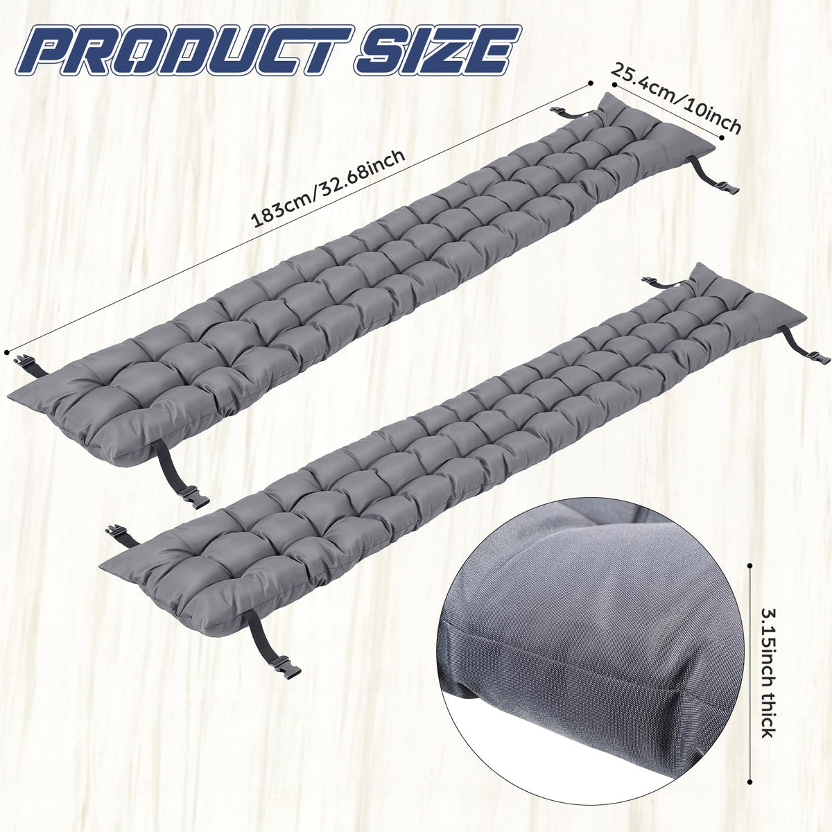 BreezeHug bench cushions with nylon straps and buckles secure on most benches.