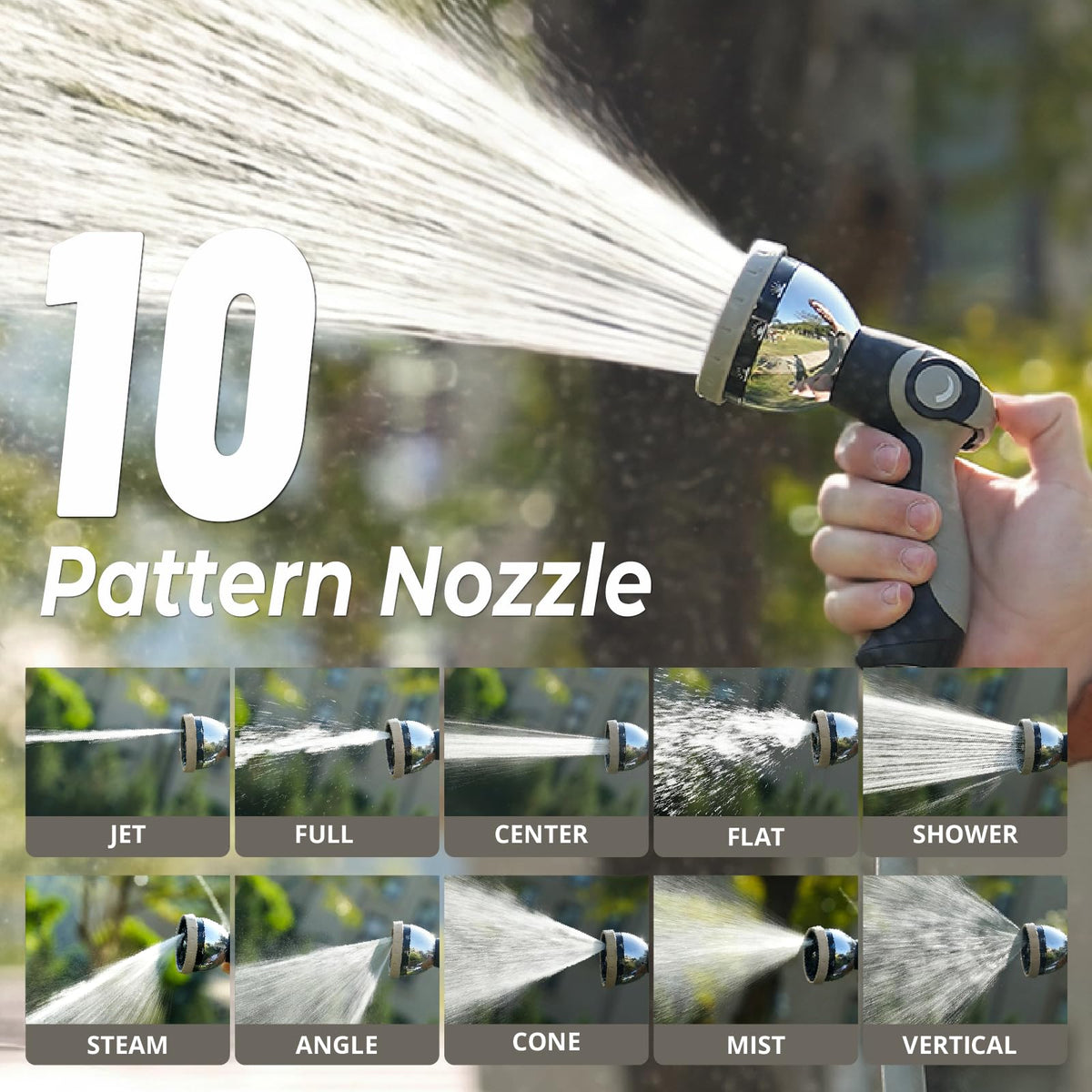 BreezeReel 10 spray patterns include mist, shower, and jet.