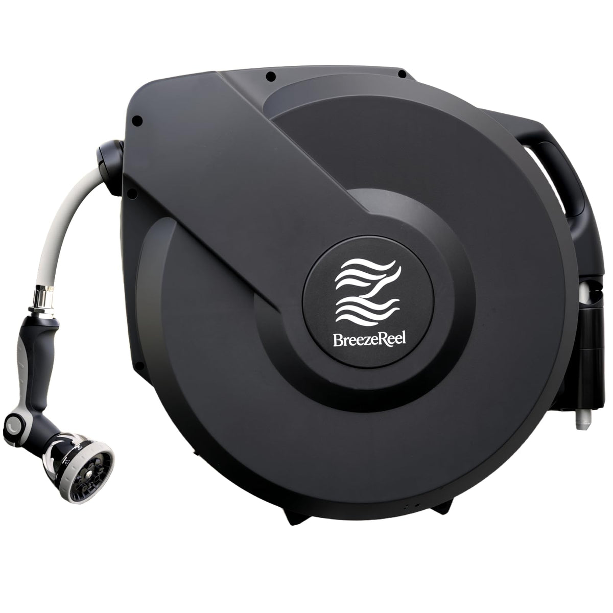 BreezeReel retractable hose reel extended to 100ft for full yard coverage and efficient watering.