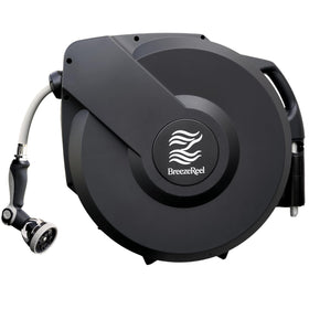 BreezeReel retractable hose reel extended to 100ft for full yard coverage and efficient watering.
