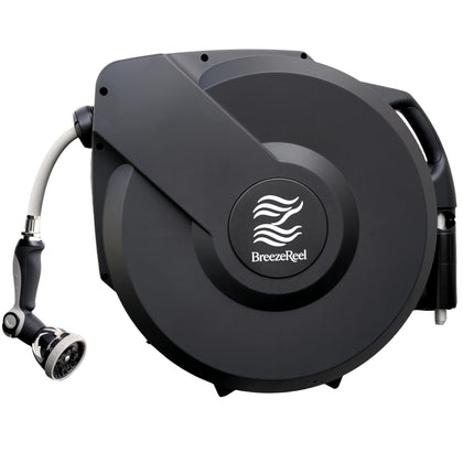 BreezeReel retractable hose reel extended to 100ft for full yard coverage and efficient watering.