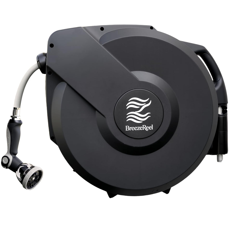 BreezeReel retractable hose reel extended to 100ft for full yard coverage and efficient watering.