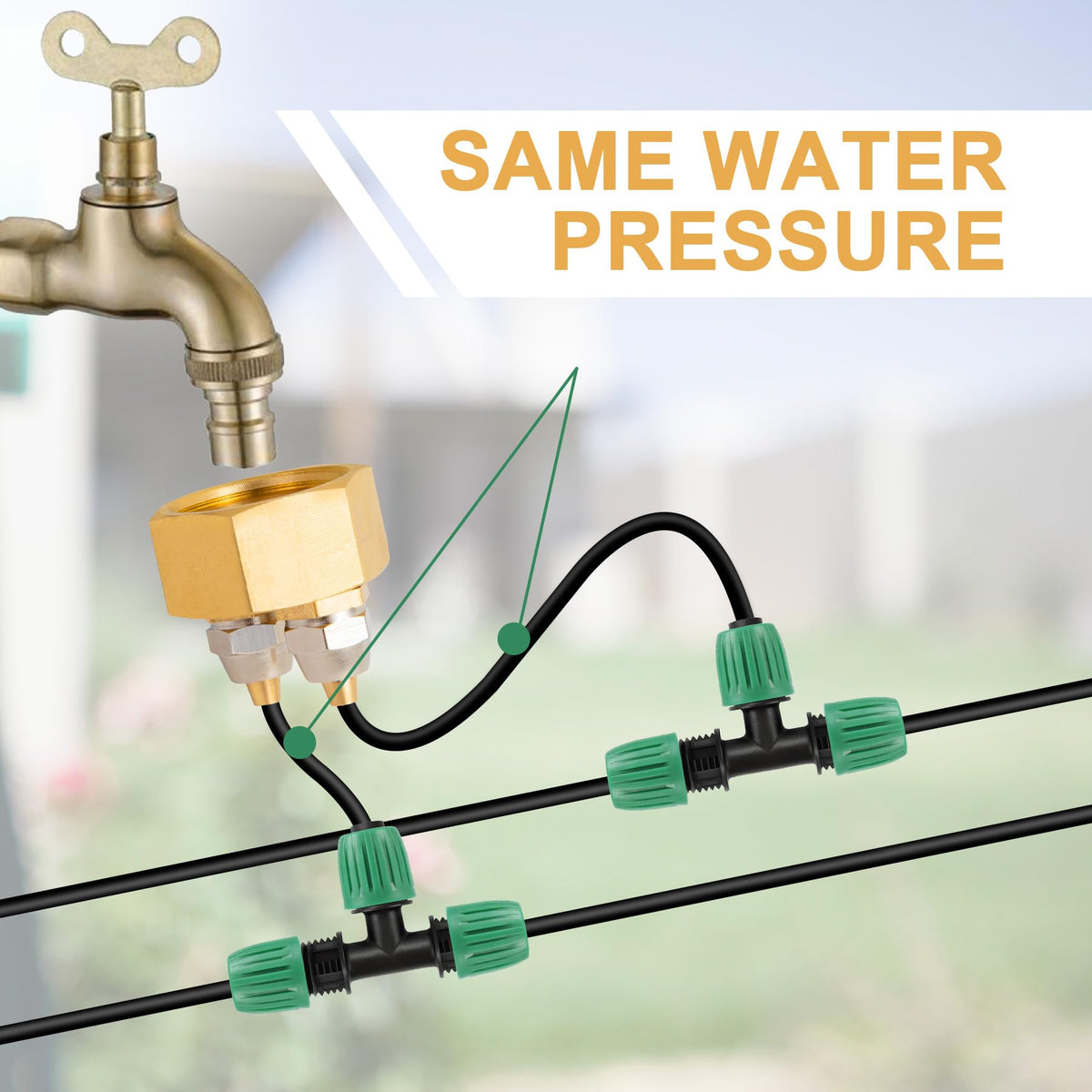Breezliy faucet to adapter setup connects easily for misting and irrigation.