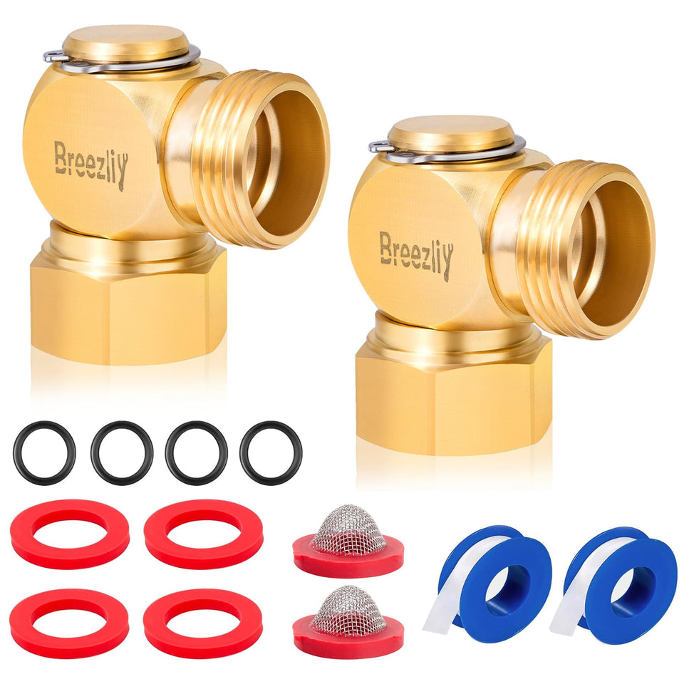 Breezliy 90-degree brass garden hose swivel elbow to prevent kink at faucet.
