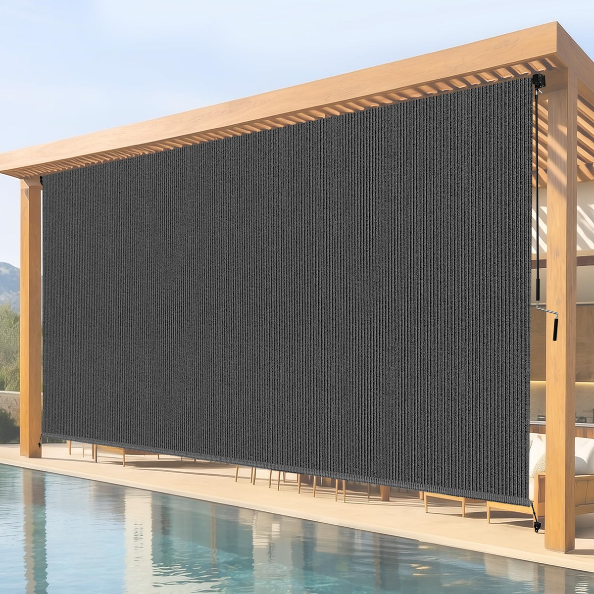 Breezombra outdoor roller shade front view shows privacy on a patio.