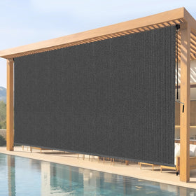 Breezombra outdoor roller shade front view shows privacy on a patio.