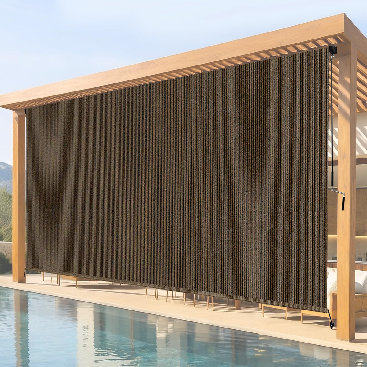 Breezombra roller shade mocha side view offering privacy and UV protection.