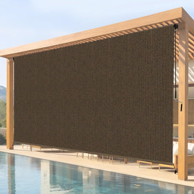 Breezombra roller shade mocha side view offering privacy and UV protection.