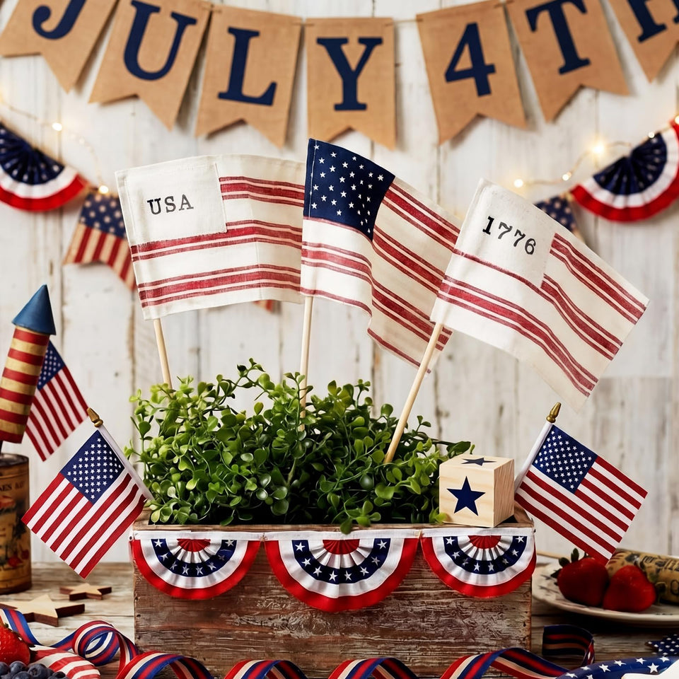 Breling six mini American flags on sticks ready for indoor and outdoor patriotic displays.