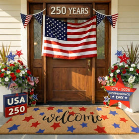 Breling Memorial Day doormat with patriotic stars greets guests at the front door