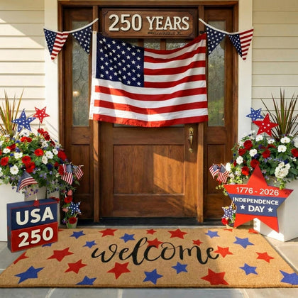 Breling Memorial Day doormat with patriotic stars greets guests at the front door