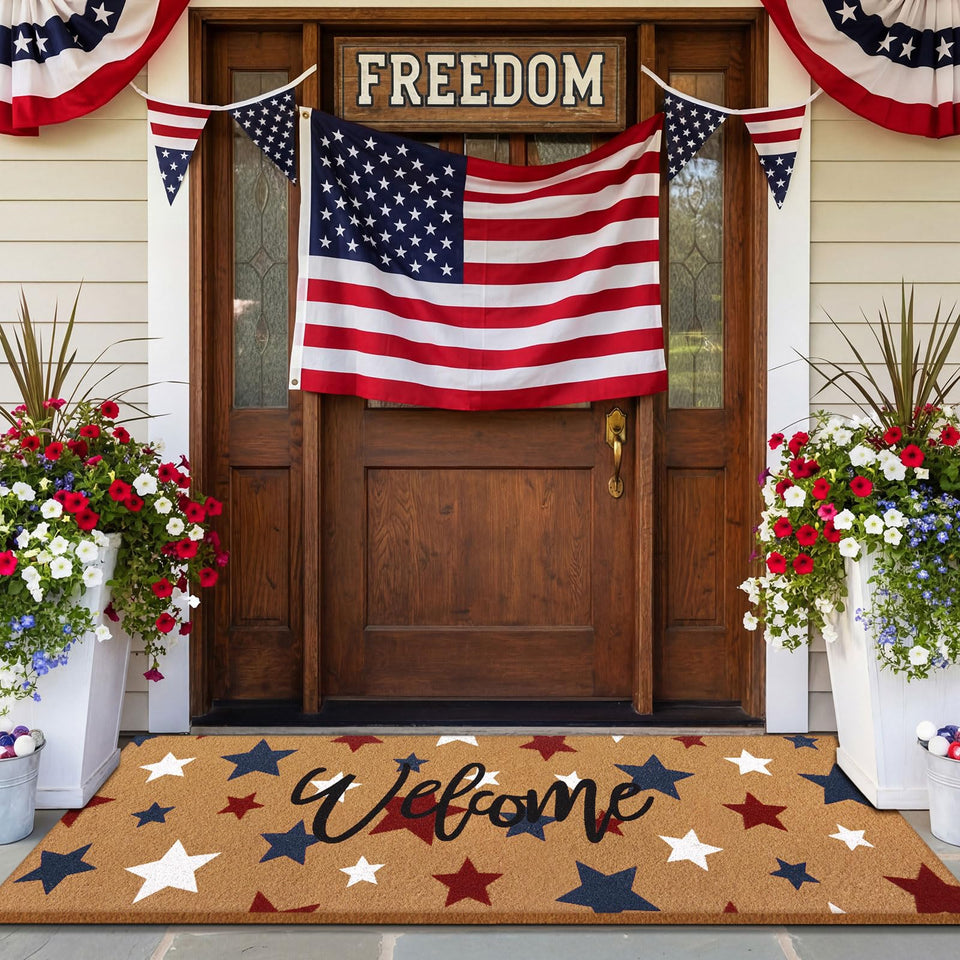 Breling patriotic coir doormat with blue, red, and white stars for a festive entry.
