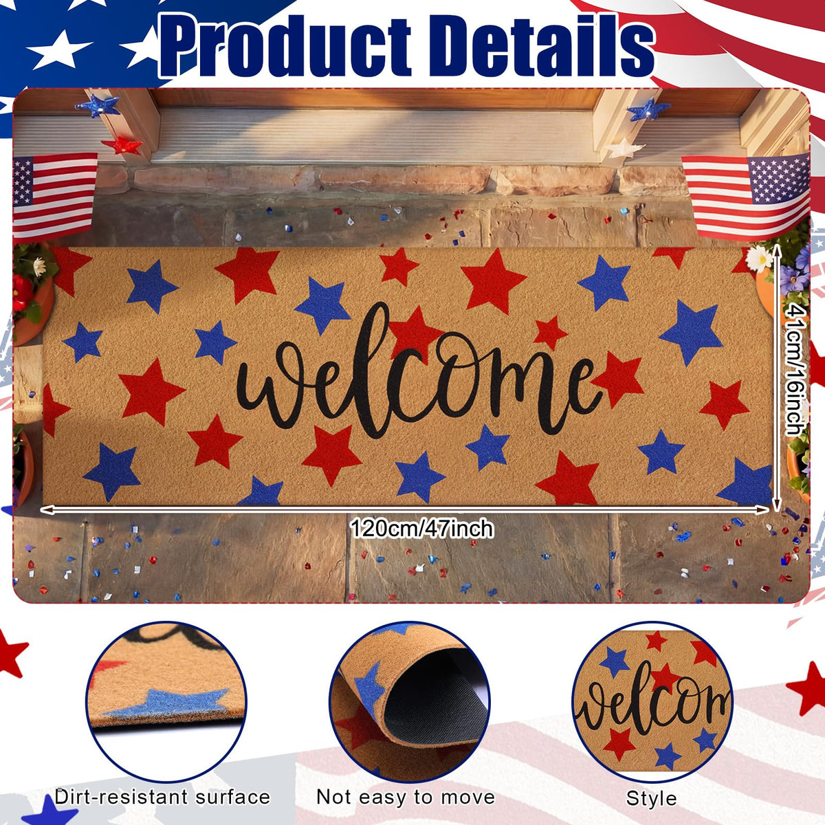 Breling patriotic welcome mat features red, white, and blue stars for holidays