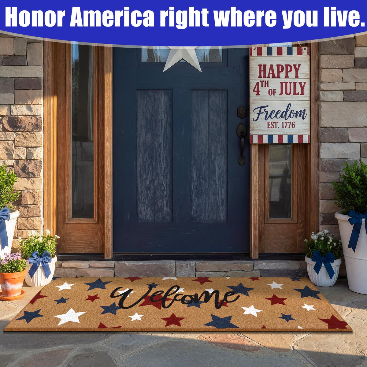 Breling patriotic rug cleans dirt at the doorstep while welcoming guests.
