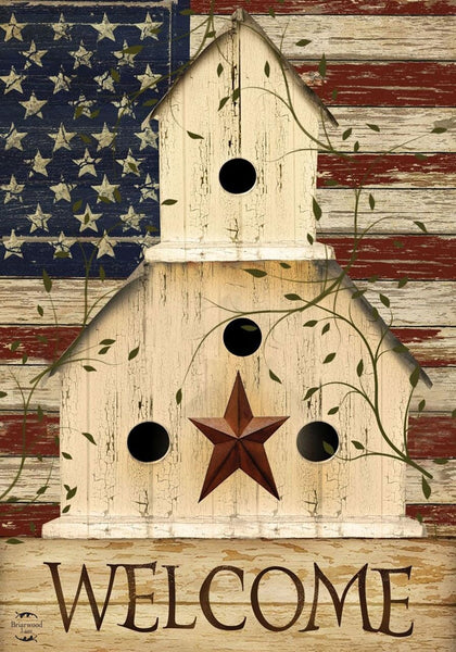 Briarwood Lane Americana Welcome flag with birdhouse scene for year-round porch decor.
