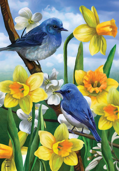 Briarwood Lane bluebirds and daffodils flag for outdoor display with vibrant spring color
