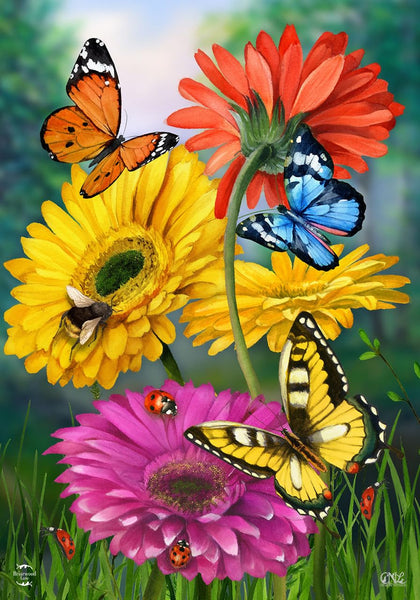 Briarwood Lane Butterflies and Daisies summer flag showing vivid garden scene for porch display.