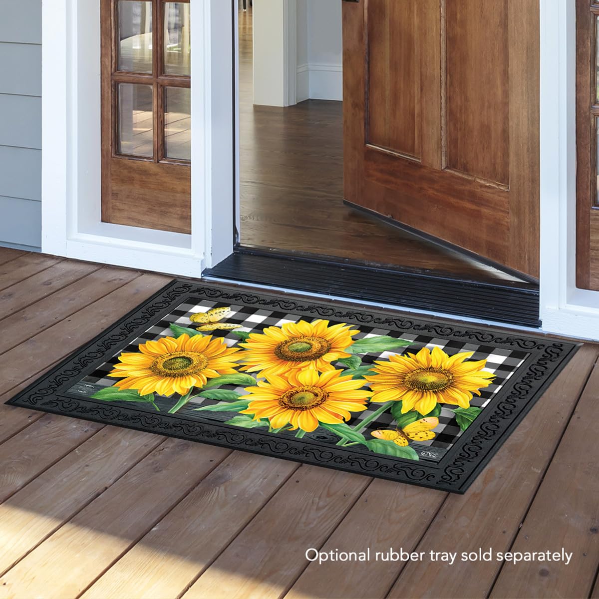 Briarwood Lane checkered sunflowers doormat close-up texture shows durable material