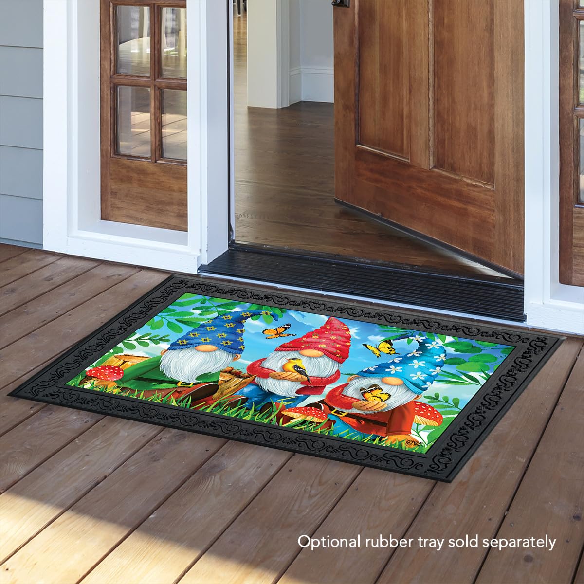 Briarwood Lane Gnome Sweet Gnome doormat close-up artwork highlighting durable print for indoor/outdoor use.