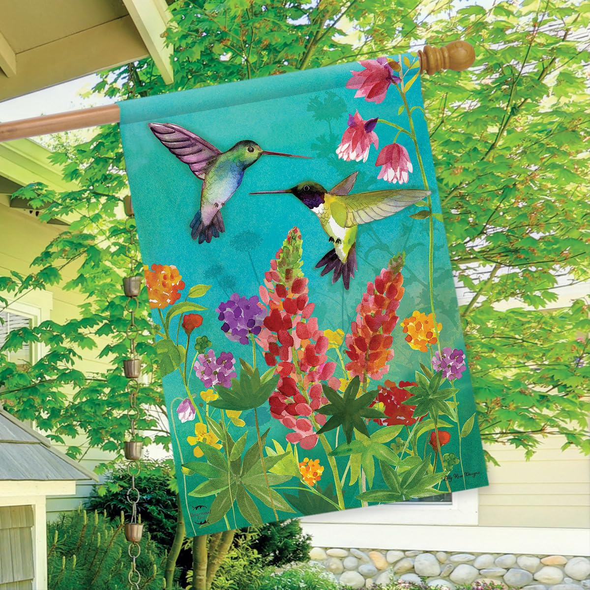 Briarwood Lane hummingbird greeting spring flag close-up artwork details and color depth