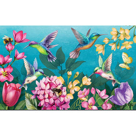 Briarwood Lane Springtime Hummingbirds Doormat, artwork closeup, features bright colors for curb appeal