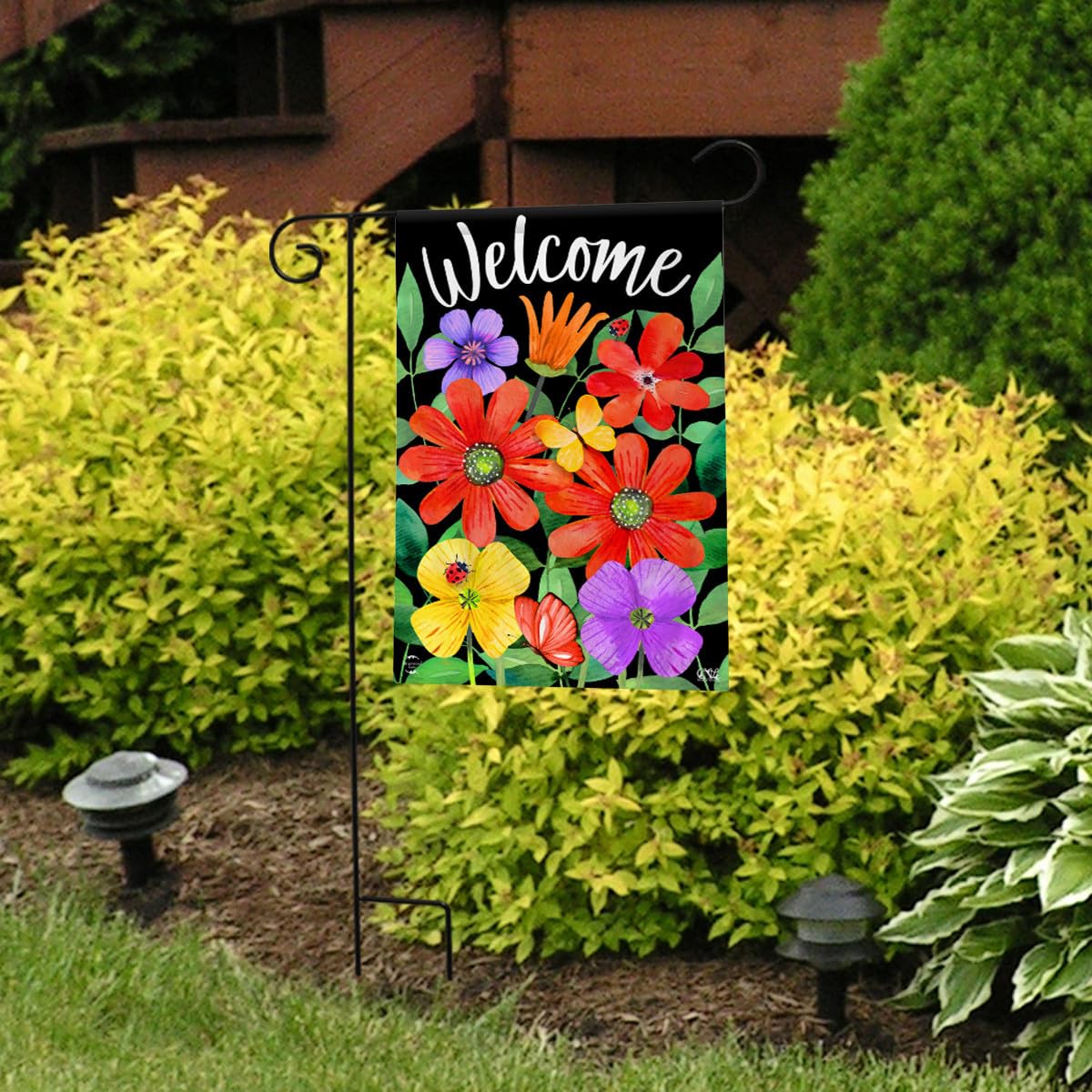 Briarwood Lane Whimsy Flowers flag double-sided design improves curb appeal.