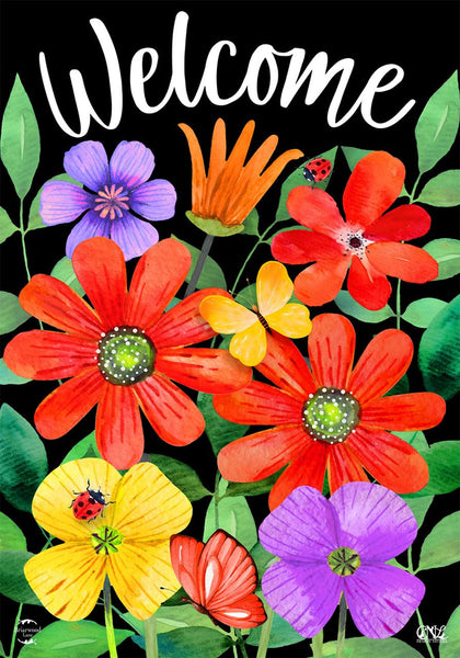 Briarwood Lane Whimsy Flowers flag front view for durable outdoor spring decor.
