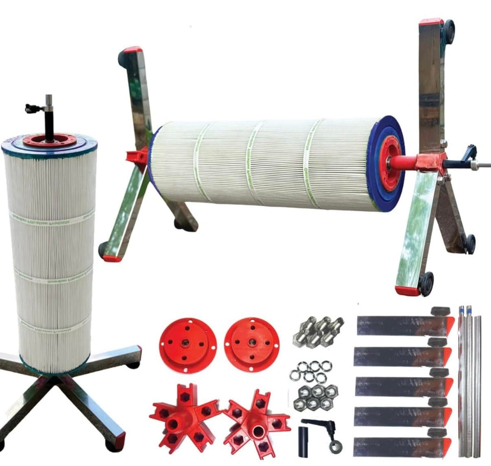 Bridge Cutters pool filter cleaner stand cleaning a 3-inch cartridge for quick debris removal.