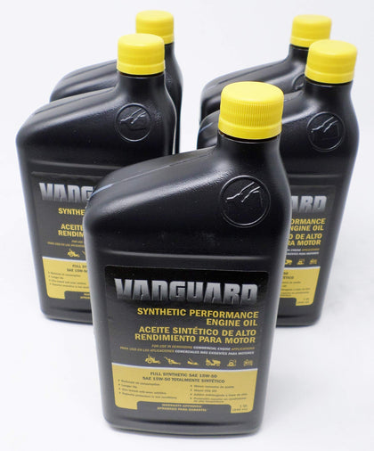 Briggs & Stratton 5-pack 15W-50 Vanguard engine oil bottle, full synthetic formula for smooth lubrication.