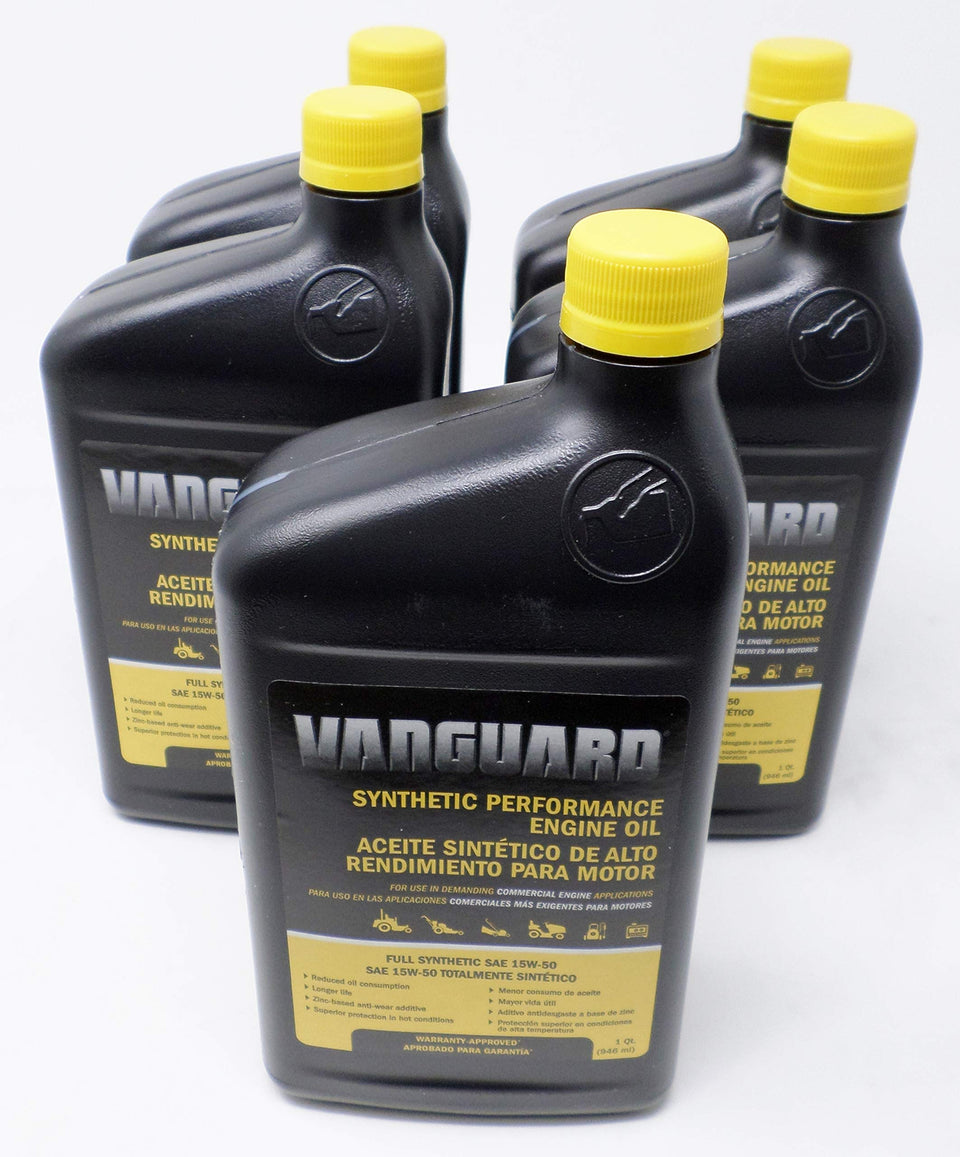 Briggs & Stratton 5-pack 15W-50 Vanguard engine oil bottle, full synthetic formula for smooth lubrication.