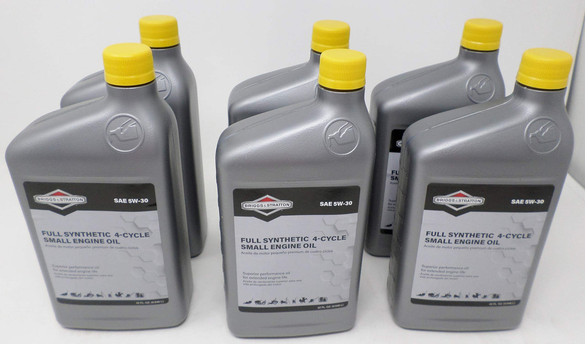 Briggs Stratton six-pack oil bottle for all air-cooled engines; synthetic 5W-30 protection