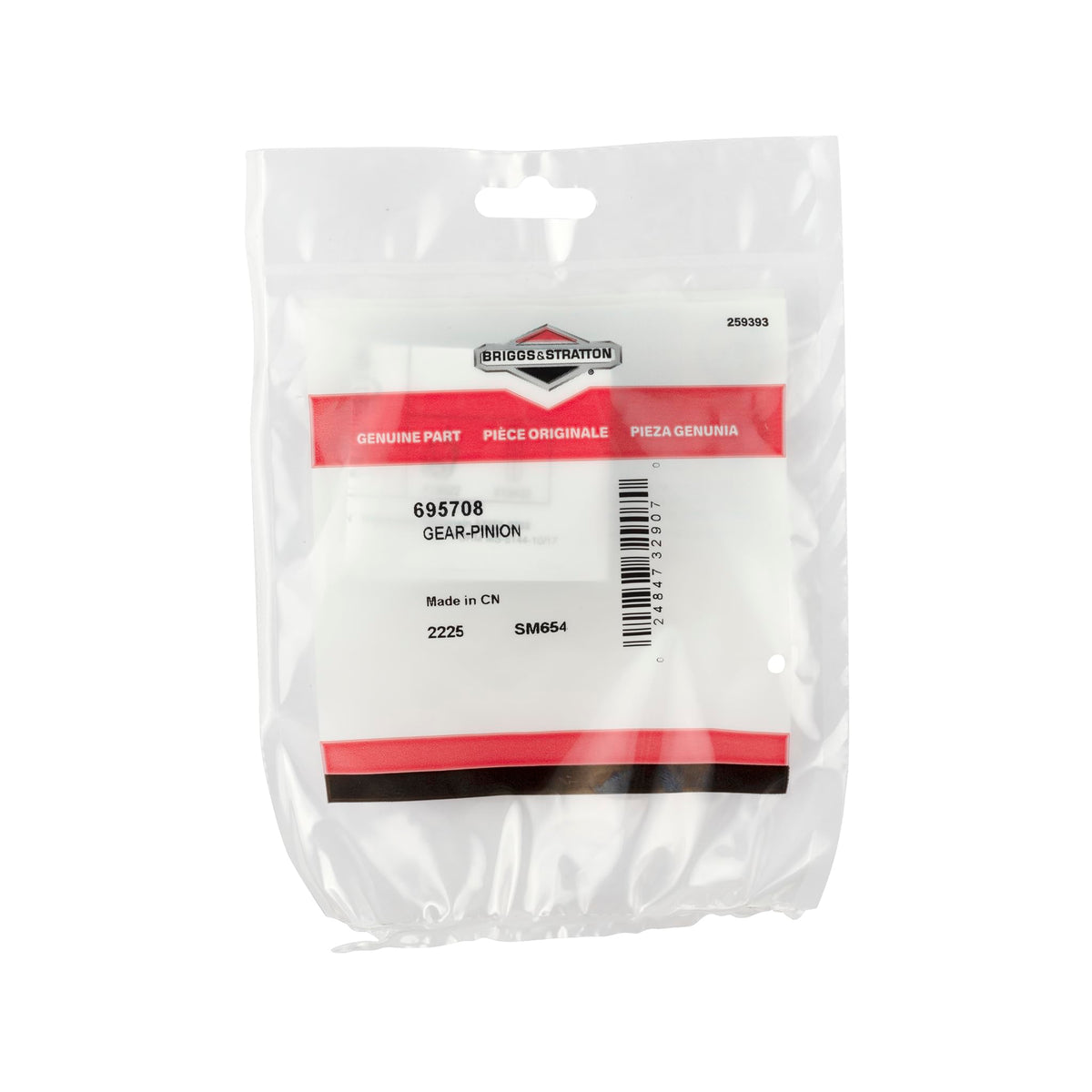Briggs & Stratton 695708 pinion gear packaged for easy OEM replacement and reliable maintenance.