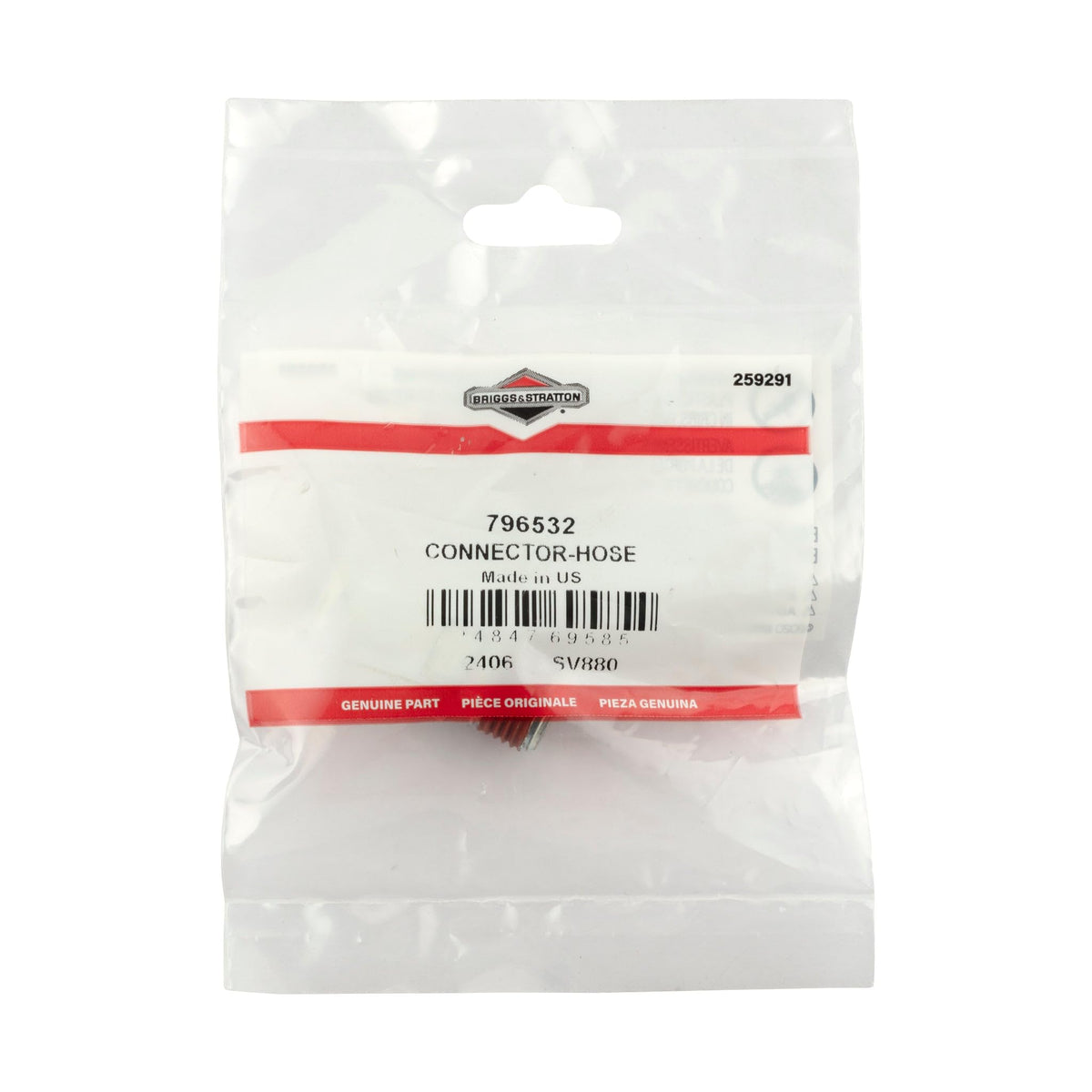 Briggs and Stratton 796532 genuine hose connector packaging showing authentic part.