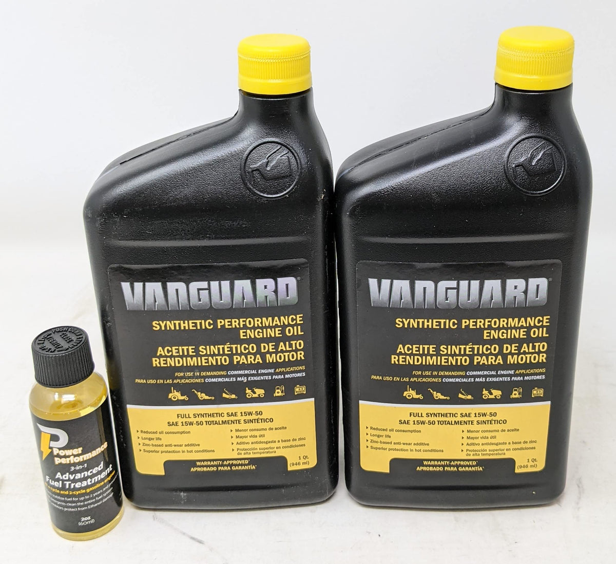 Briggs & Stratton two-quart pack for Vanguard engines, oil and fuel treatment.